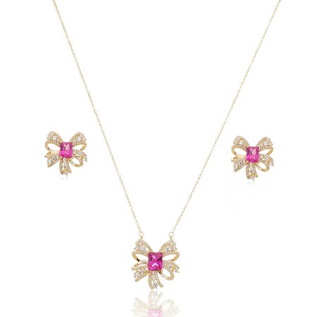 Conjunto de brinco e colar dourado com zirconia pink banho em ouro 18K