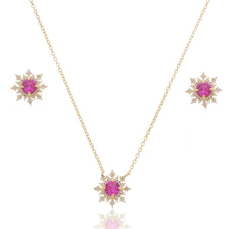 Conjunto de brinco e colar dourado com zirconia pink banho em ouro 18K