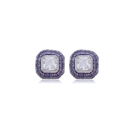 Brinco de base com zirconia ametista banho em rodio branco