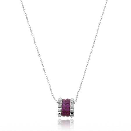 Colar com pingente cravejado zirconia pink banho em rodio branco