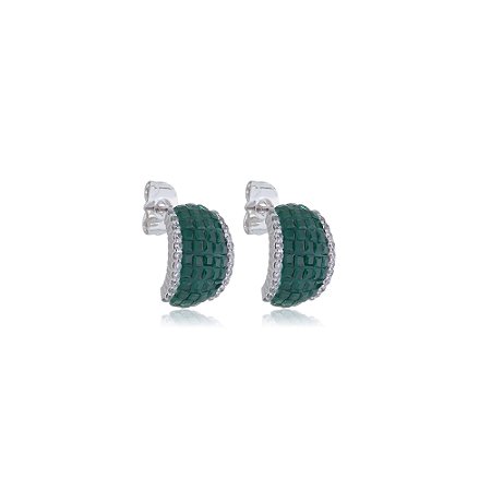 Brinco de argola com zirconia esmeralda banho em rodio branco