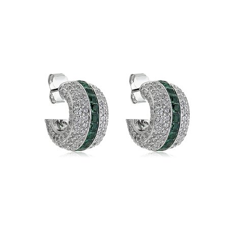 Brinco de argola com zirconia esmeralda banho em rodio branco