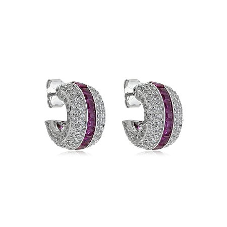Brinco de argola com zirconia pink banho em rodio branco