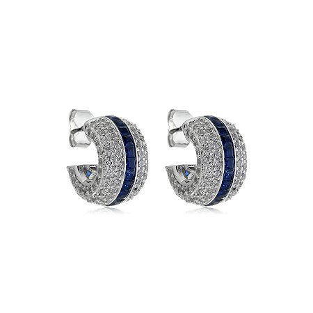 Brinco de argola com zirconia safira banho em rodio branco