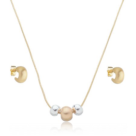 Conjunto de brinco e colar liso banho em rodio branco e ouro 18k
