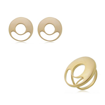 Conjunto de brinco e anel dourado acetinado banho em ouro 18k