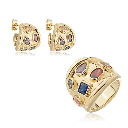 Conjunto de brinco e anel dourado com zirconia colorida com banho em ouro 18k