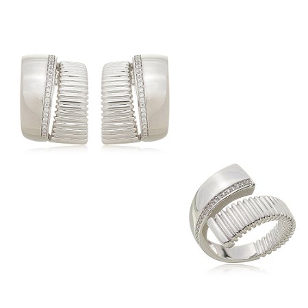 Conjunto de brinco e anel com zirconia cristal com banho em rodio branco