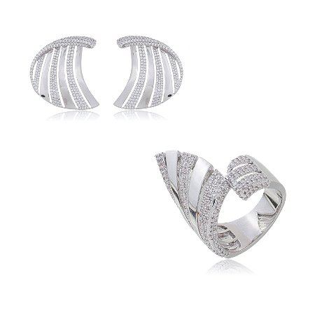 Conjunto de brinco e anel com zirconia cristal com banho em rodio branco