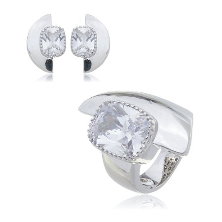 Conjunto de brinco e anel com zirconia cristal com banho em rodio branco