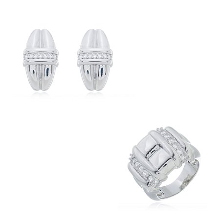 Conjunto de brinco e anel com zirconia com banho em rodio branco