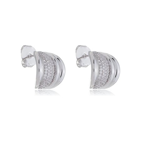 Brinco de argola com zirconia cristal banho em rodio branco