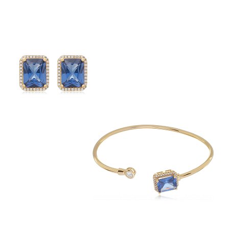 Conjunto de brinco e bracelete com zirconia azul banho em ouro 18k