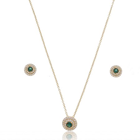 Conjunto de brinco e colar com zirconia esmeralda banho em ouro 18k