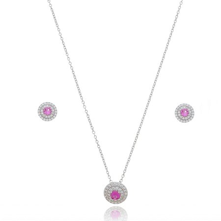 Conjunto de brinco e colar com zirconia pink banho em ouro 18k