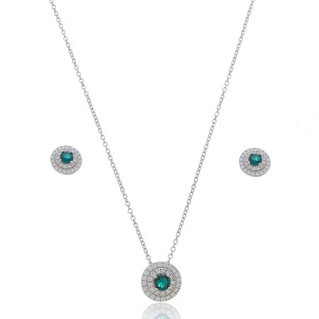 Conjunto de brinco e colar com zirconia esmeralda banho em rodio branco