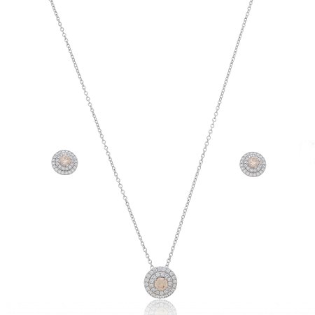 Conjunto de brinco e colar com zirconia citrino banho em rodio branco