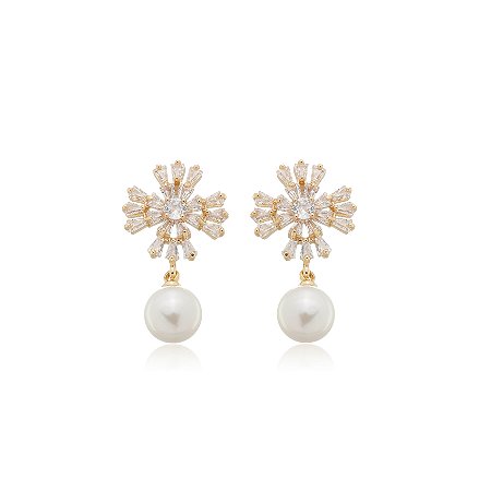 Brinco de perola com zirconia cristal banho em ouro 18k