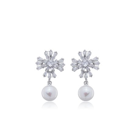 Brinco de perola com zirconia cristal banho em rodio branco