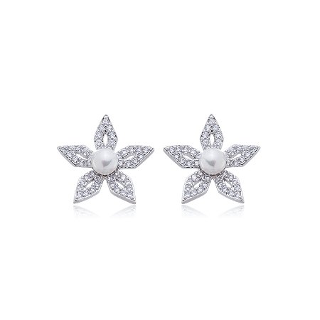 Brinco de perola com zirconia cristal banho em rodio branco