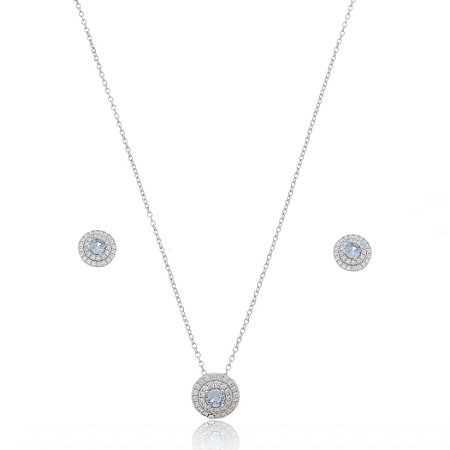 Conjunto de brinco e colar com zirconia azul banho em rodio branco