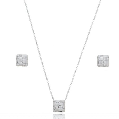 Conjunto de brinco e colar com zirconia cristal banho em rodio branco