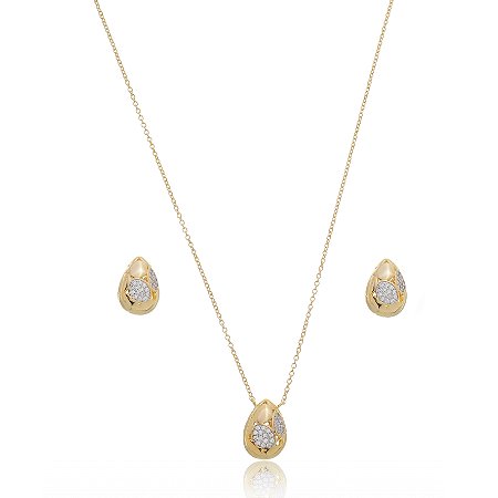 Conjunto de brinco e colar com zirconia cristal banho em ouro 18k