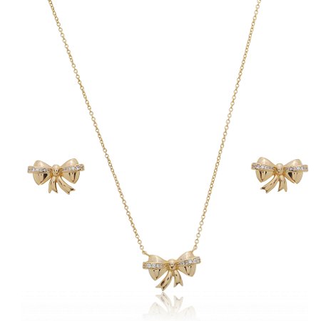 Conjunto de brinco e colar com zirconia cristal banho em ouro 18k