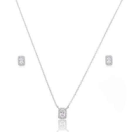 Conjunto de brinco e colar com zirconia cristal banho em rodio branco