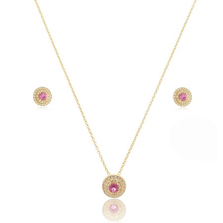 Conjunto de brinco e colar com zirconia pink banho em ouro 18k