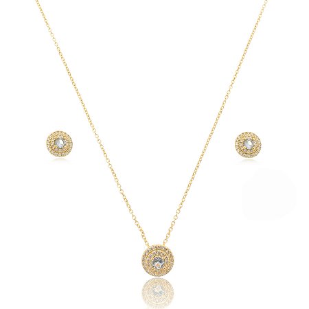 Conjunto de brinco e colar com zirconia topazio banho em ouro 18k