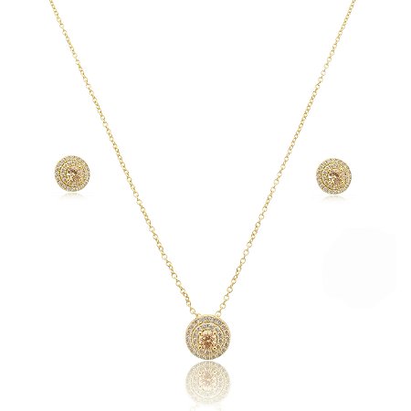 Conjunto de brinco e colar com zirconia morganita banho em ouro 18k