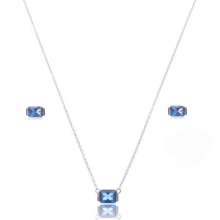 Conjunto de brinco e colar com zirconia topazio banho em rodio branco