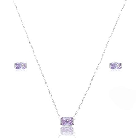 Conjunto de brinco e colar com zirconia ametista banho em rodio branco