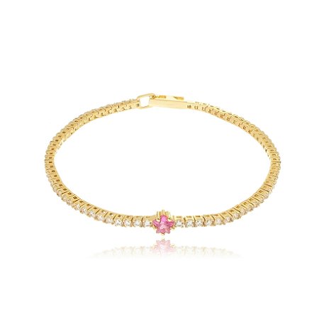 Pulseira de riviera dourada com zirconia pink banho em ouro 18K