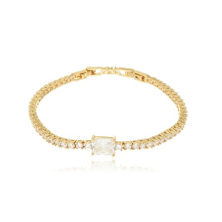 Pulseira de riviera dourada com zirconia cristal banho em ouro 18K