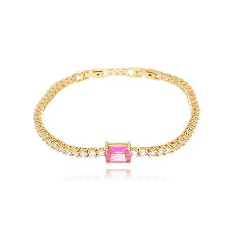 Pulseira de riviera dourada com zirconia pink banho em ouro 18K
