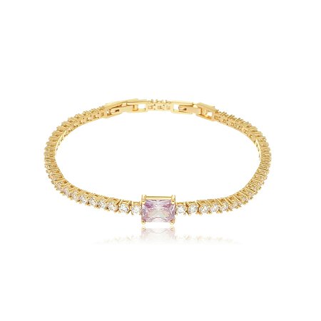 Pulseira de riviera dourada com zirconia ametista banho em ouro 18K