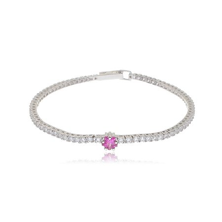 Pulseira de riviera com zirconia pink banho em rodio branco