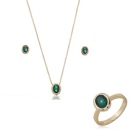 Trio de colar brinco e anel com zirconia esmeralda banho em ouro 18k