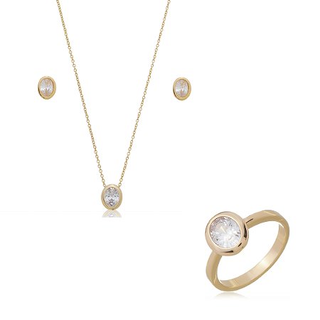 Trio de colar brinco e anel com zirconia cristal banho em ouro 18k