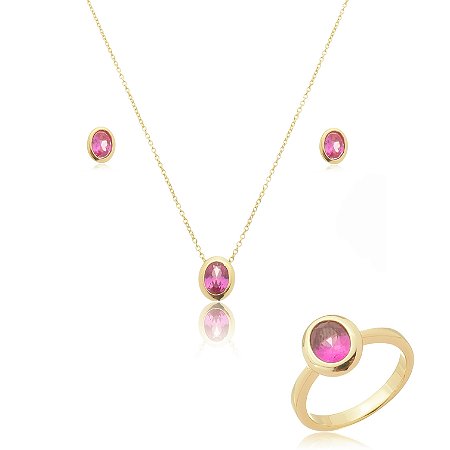 Trio de colar brinco e anel com zirconia pink banho em ouro 18k