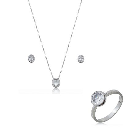 Trio de colar brinco e anel com zirconia cristal banho em rodio branco