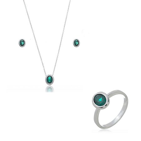 Trio de colar brinco e anel com zirconia esmeralda banho em rodio branco