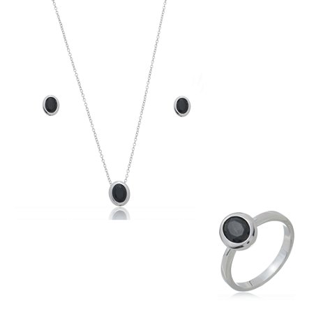Trio de colar brinco e anel com zirconia onix banho em rodio branco