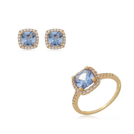 Conjunto de brinco e anel cravejado de zirconia topazio banho em ouro 18k