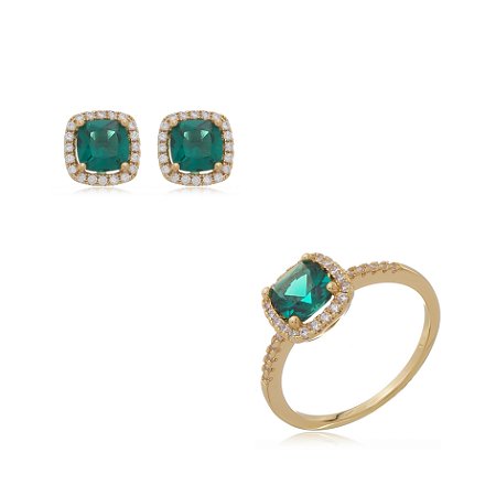 Conjunto de brinco e anel cravejado de zirconia esmeralda banho em ouro 18k