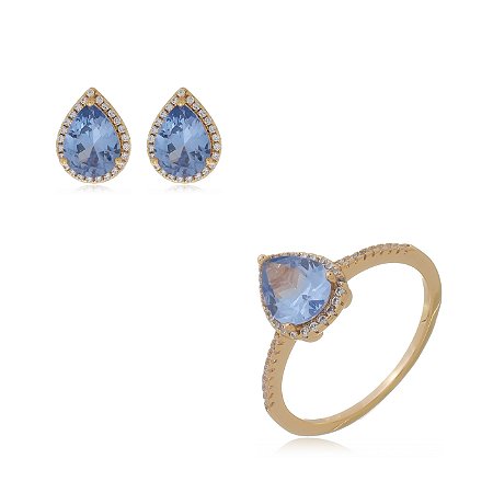 Conjunto de brinco e anel cravejado de zirconia topazio banho em ouro 18k