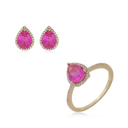 Conjunto de brinco e anel com zirconia pink banho em ouro 18k