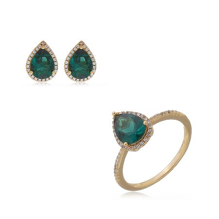 Conjunto de brinco e anel cravejado de zirconia esmeralda banho em ouro 18k